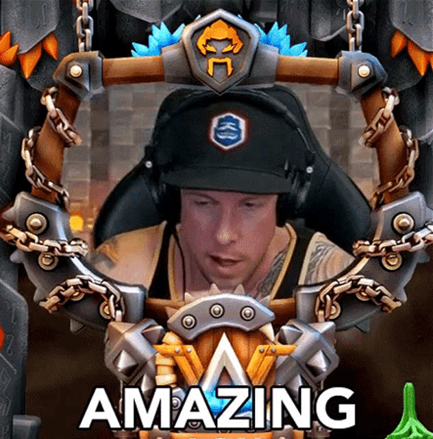 a man wearing headphones and a hat is surrounded by chains and a sign that says " amazing "