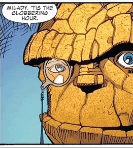 a comic book character with glasses and a speech bubble that says mildy tis the clobbering hour