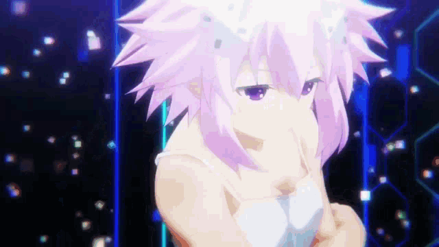 a girl with purple hair and purple eyes is wearing a white tank top and a white headband .