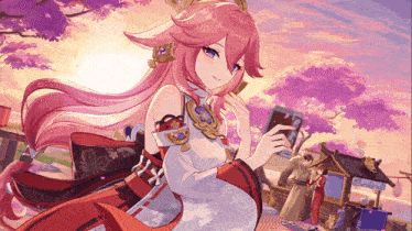 a girl with pink hair is holding a phone