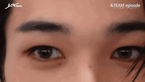 a close up of a person 's eyes with the words jx labels on the bottom