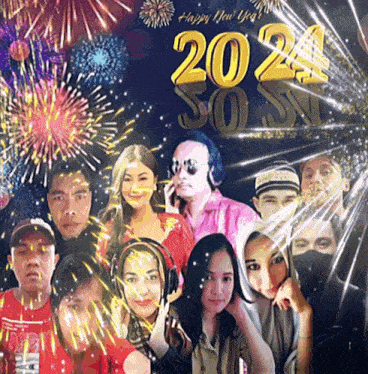 a group of people are posing for a picture with fireworks in the background and the year 2024