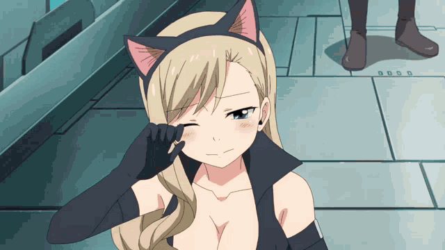 a blonde anime girl wearing a cat ear headband and black gloves