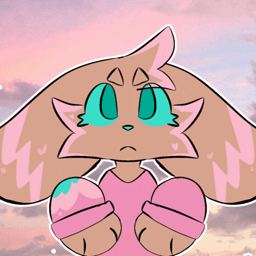 a drawing of a cat with green eyes and a pink shirt