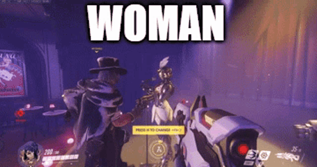 a screenshot of a video game with the word woman on top