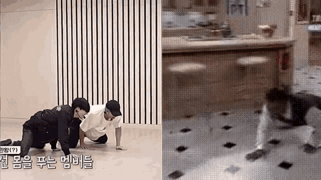 a couple of men are crawling on the floor next to a cat .