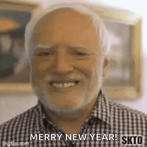 a man with a beard and mustache is smiling and wishing merry new year .