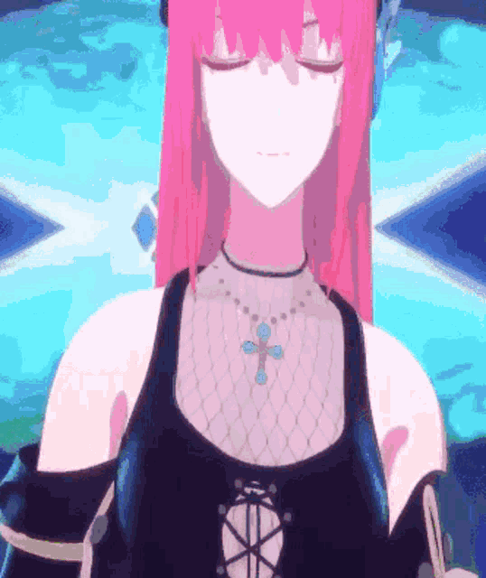 a girl with pink hair and a necklace with a cross on it