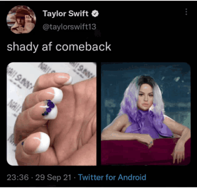 a taylor swift tweet with shady af comeback at the top