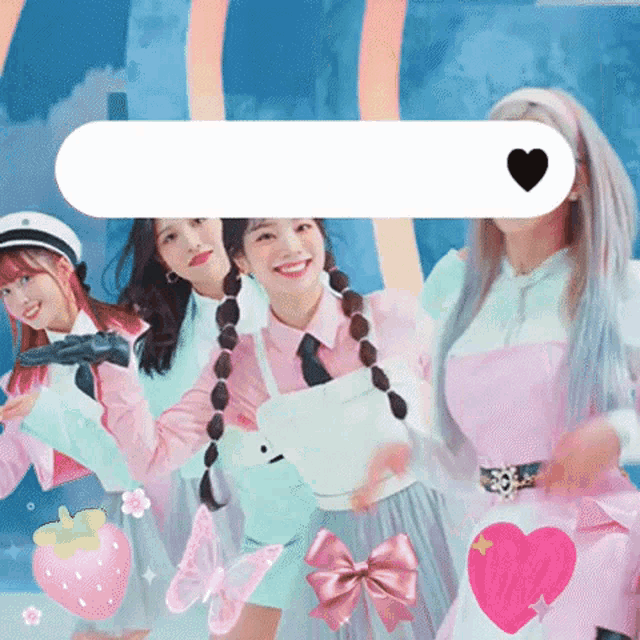 a group of girls are standing next to each other with a search bar and a heart in the middle .