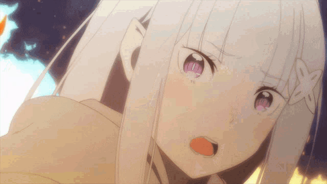 a close up of a girl with purple eyes and white hair