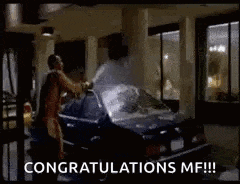 a man is standing next to a car with the trunk open and the words `` congratulations mf !! ''