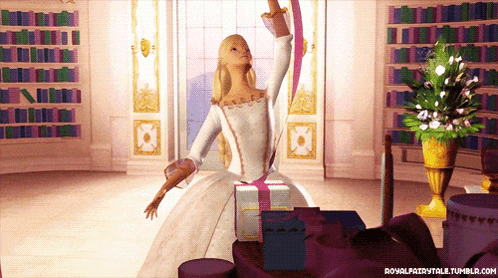 a barbie doll in a white dress is dancing in a room with bookshelves