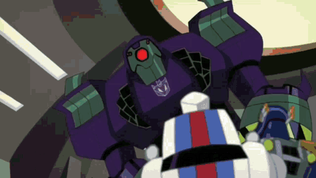 a cartoon of a purple robot with a red eye standing next to a white robot .