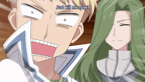 a cartoon character says " just kill me now " in front of another character