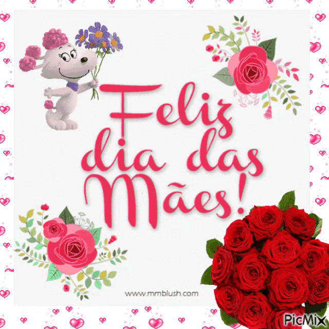 a picture of a snoopy holding flowers and the words " feliz dia das maes "