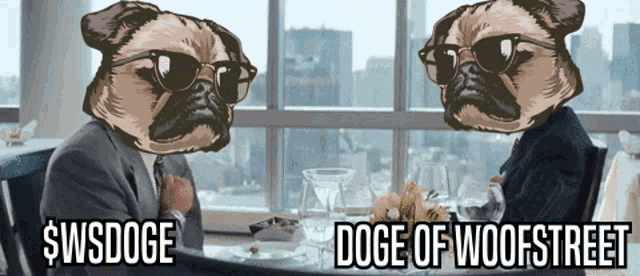 two pugs are sitting at a table with the words doge of woofstreet on the bottom