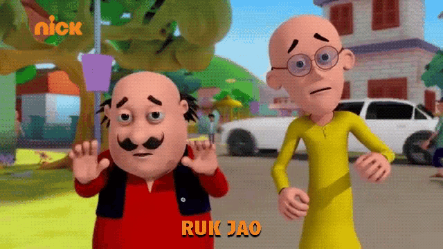 two cartoon characters are standing next to each other with the name ruk jao on the bottom