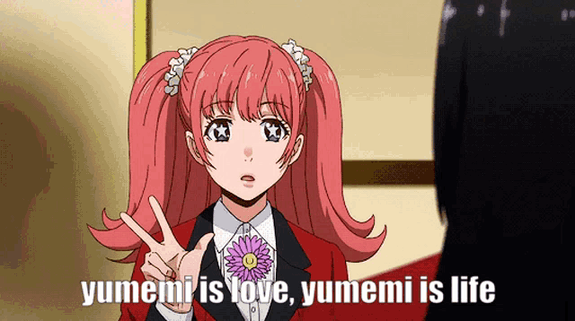 a pink haired anime girl giving a peace sign with the words yumemi is love yumemi is life