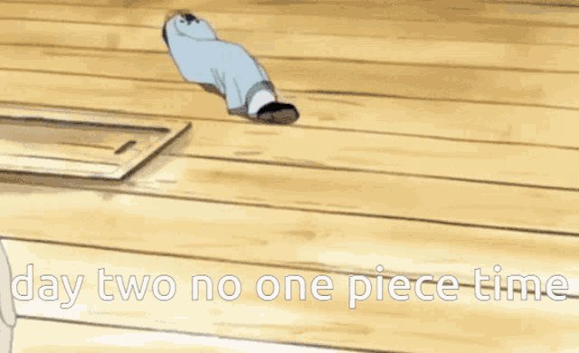 a cartoon of a man laying on the floor with the words " jay two no one piece time "