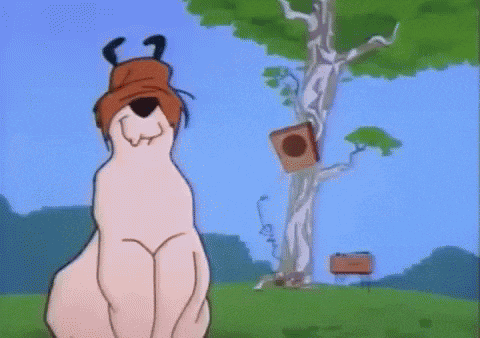 a cartoon dog with a hat on his head is sitting in front of a tree .