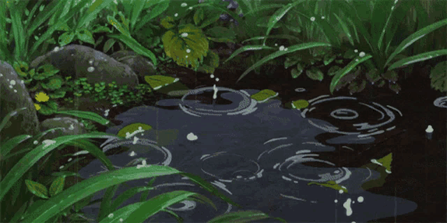 a painting of a pond with water drops falling into it