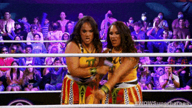 two women in a wrestling ring with the words wow superheroes on the bottom right