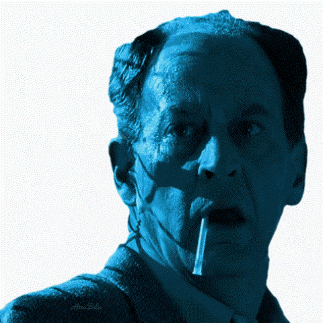 a close up of a man 's face with a cigarette in his mouth and a watermark that says alex bello