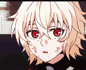 a close up of a anime character 's face with red eyes
