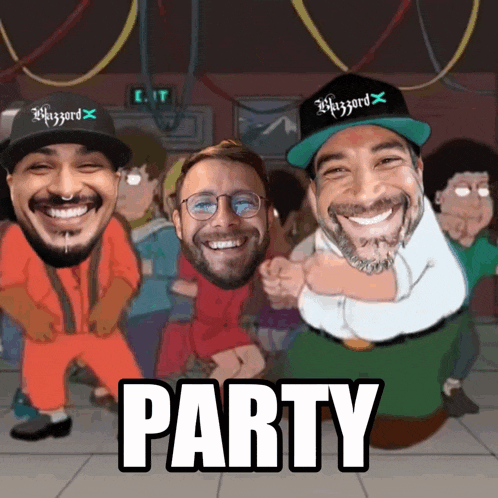 a group of men are dancing in a room and the word party is on the floor