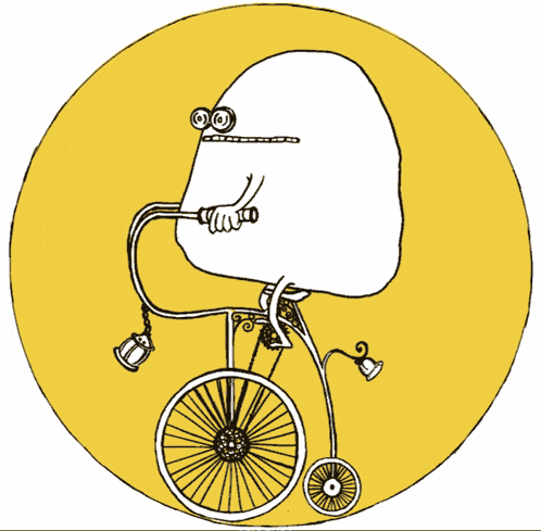 a cartoon drawing of a person riding a bike with a bell attached to the front wheel