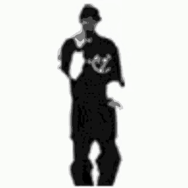 a black and white photo of a man in a black shirt and hat standing on a white background .