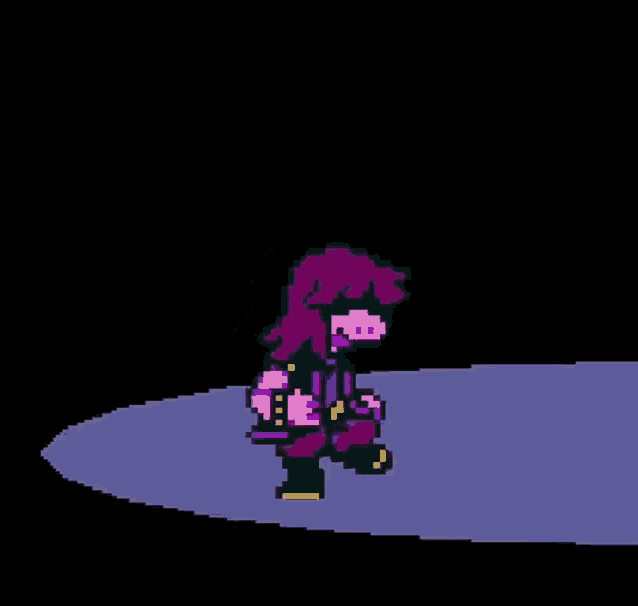 a pixel art of a girl with purple hair walking on a purple surface .