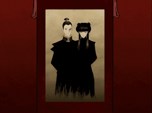 a man is looking at a painting of a man and woman