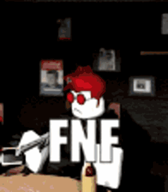a cartoon character is sitting in front of a sign that says fnf on it .