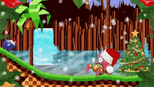 a cartoon of a crab wearing a santa hat and a christmas tree in a video game .