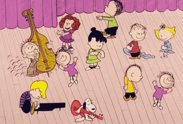 a group of peanuts characters are dancing and playing instruments