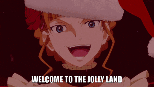 a woman wearing a santa hat with the words welcome to the jolly land