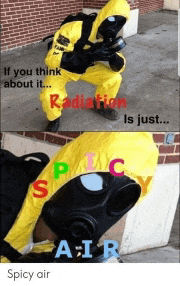a man in a yellow suit and gas mask is standing on a sidewalk .