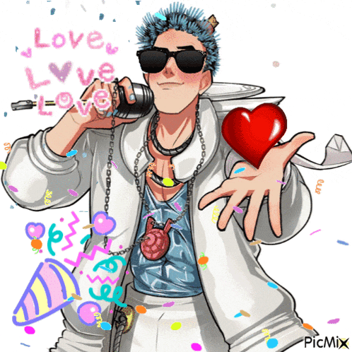 a cartoon of a man holding a heart with the words love written on the top