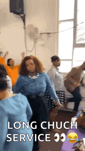 a group of women are dancing in a room with the words `` long chuch service '' written on it .