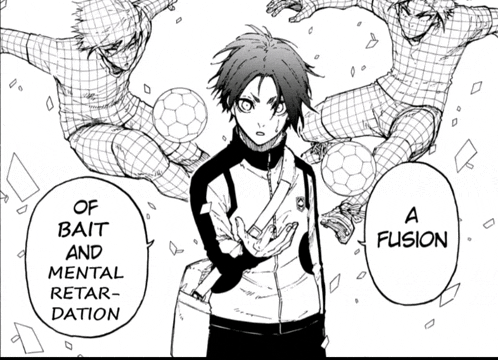 a black and white drawing of a soccer player with the words of bait and mental retardation above him