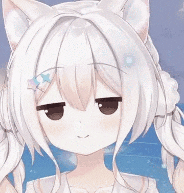 a close up of a white anime girl with pigtails and cat ears making a funny face .