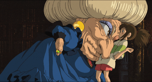 a cartoon drawing of a woman with a huge head and a little girl