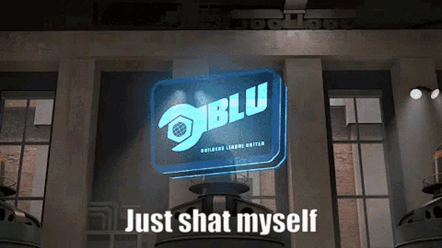 a blue sign that says blu on it in front of a building