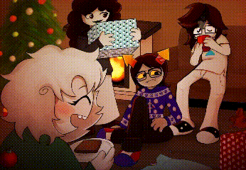 a group of cartoon characters are sitting in front of a fireplace and a christmas tree