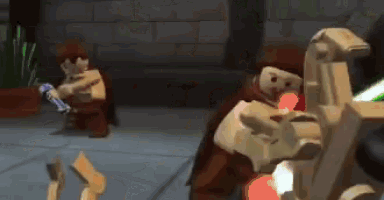 a group of lego figures are playing a video game