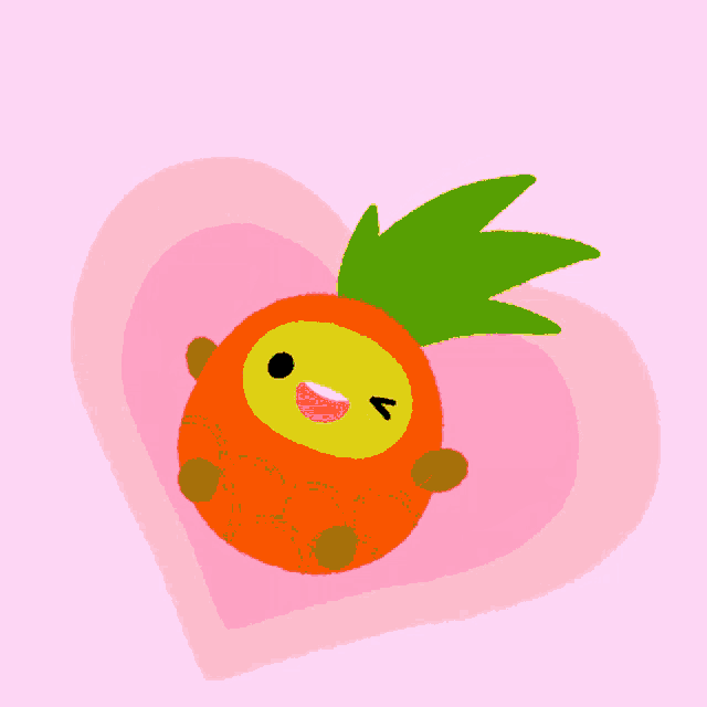 a cartoon drawing of a pineapple surrounded by pink hearts
