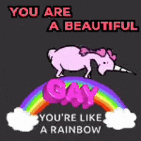 a cartoon of a unicorn standing on top of a rainbow with the words you are a beautiful gay