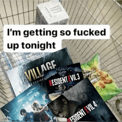 a shopping cart full of video games including resident evil 4 and village